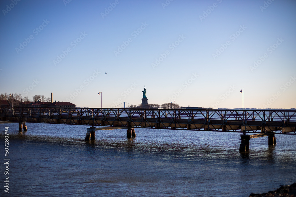 Jersey City, New Jersey, USA - December 22 2021: Statue of Liberty. View from Statue of Liberty State Park.