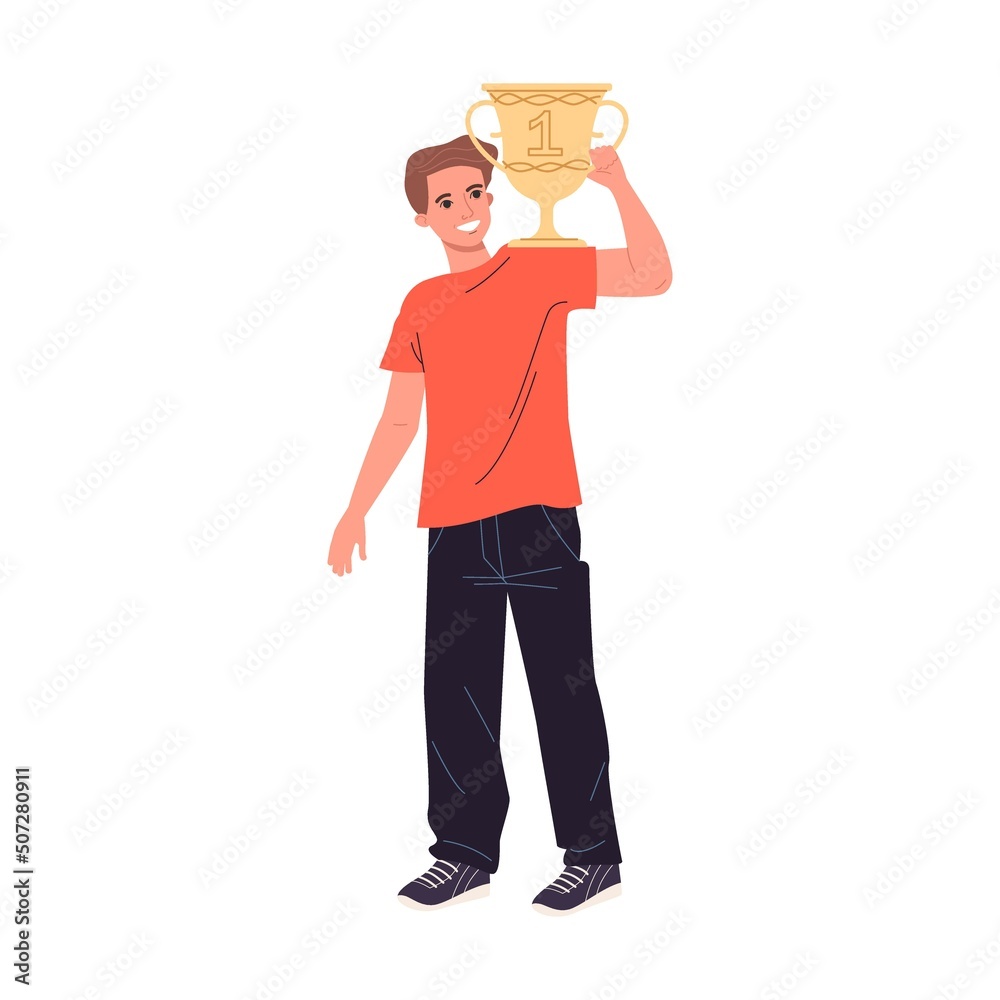 Best team leader holding winner cup. Successful group standing on podium, celebrating victory, dancing. Vector illustration for leadership