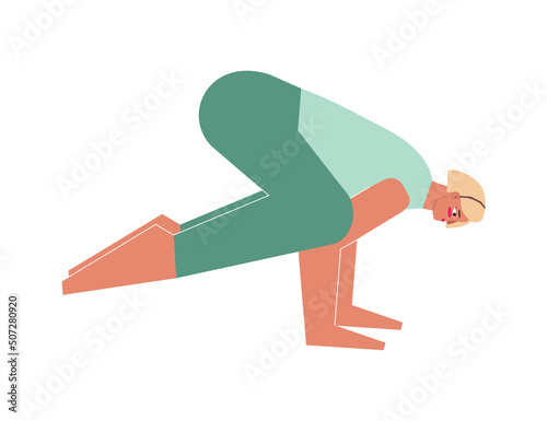 Vector illustration with flat female character. Sportive woman learns posture Kakasana at yoga class. Fitness exercise - Crow Pose photo