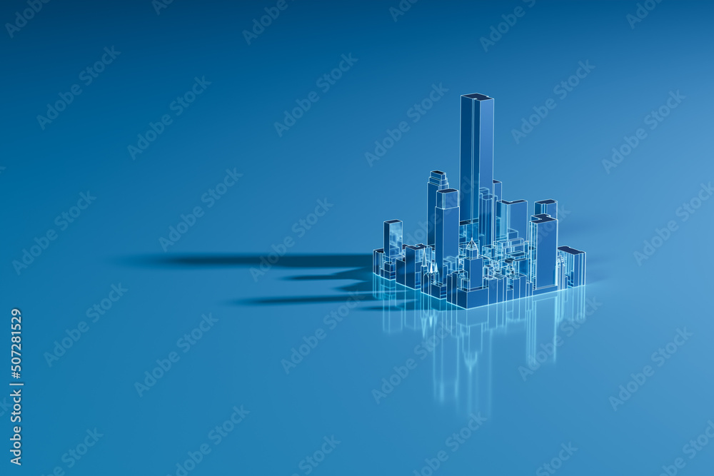 Obraz premium City block engineering model on reflective surface with copy space. 3D rendering.