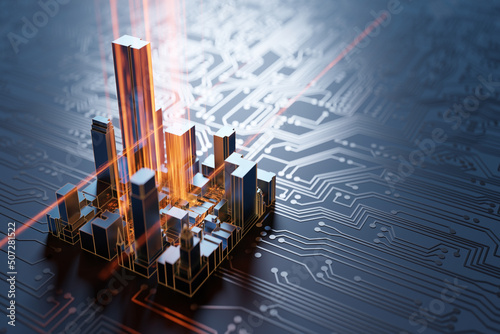 City on a circuit board with beautiful hi-tech light effects and copy space. 3D rendering. © Jamo Images