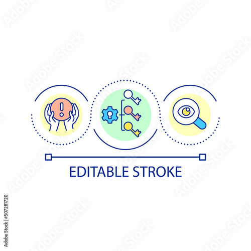 Check threats to database security loop concept icon. Implementing hazard controls abstract idea thin line illustration. Warning system. Isolated outline drawing. Editable stroke. Arial font used