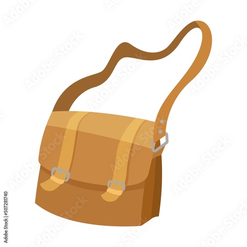 Shoulder bag. Postman and delivery service. Vector illustration of mailman with bag delivering letters and boxes. Cartoon postal bicycle and car photo