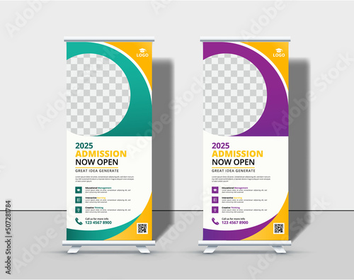 Modern school admission roll up banner template Premium Vector,  Back to school admission roll up banner design for school, college, and university.