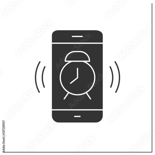 Alarm clock glyph icon. Waking up. Alarm clock on mobile phone. Sleeping concept. Filled flat sign. Isolated silhouette vector illustration