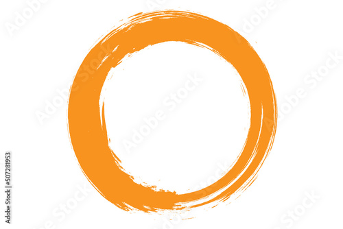 Circle brush stroke vector isolated on white background. Orange enso zen circle brush stroke. For stamp, seal, ink and paintbrush design template. Grunge hand drawn circle shape, vector illustration photo