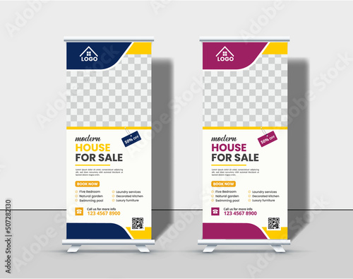Corporate real estate roll up banner or pull up banner design template premium vector