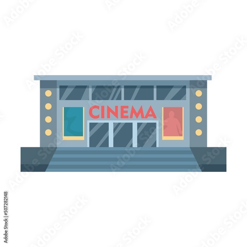 Cinema exteriors of city building. Vector illustration of houses with facades. Cartoon museum hospital school supermarket. Cityscape, urban concept