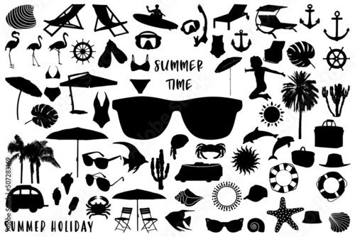Summer set silhouettes, vacation icons