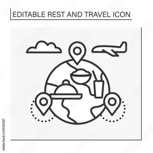 Gastro tourism line icon. Culinary and gastronomy tourism. Travelling to try food. International journey by plane.Rest and travel concept. Isolated vector illustration. Editable stroke