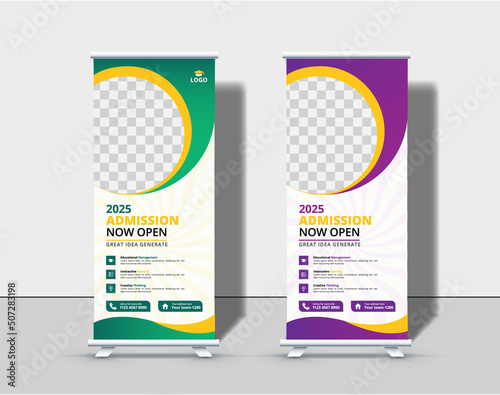 Modern Back to school admission roll up banner template Premium Vector, school admission roll up banner design for school, college, university, and coaching center.