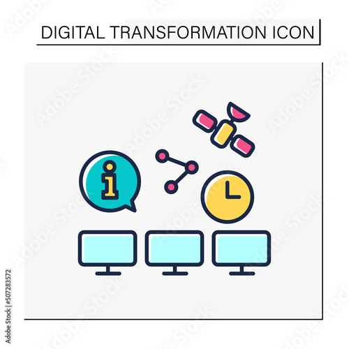 Synchronization color icon. Sync devices. Share information on time. Satellite. Digital transformation concept. Isolated vector illustration