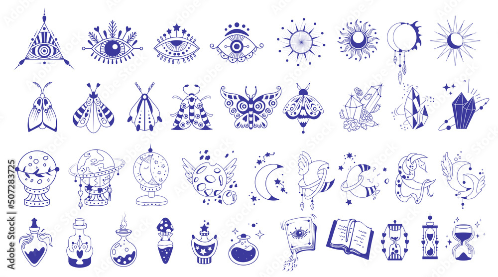Fototapeta premium Magical symbols of the witch. Collection of witches and magic in Boho style with symbols of the eye, clock, moon, sun, crystal, butterfly. Isolated alchemy and esotericism, the wizard of witchcraft