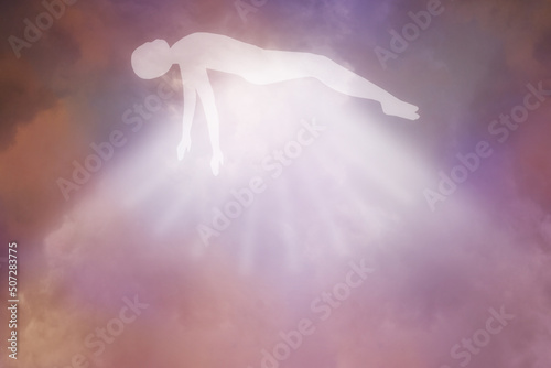 dramatic background light sky, immortal soul of the deceased ascends to heaven, disembodied ghost of a person, white silhouette in heavenly light, postmortal transition, concept of dream, ascension photo