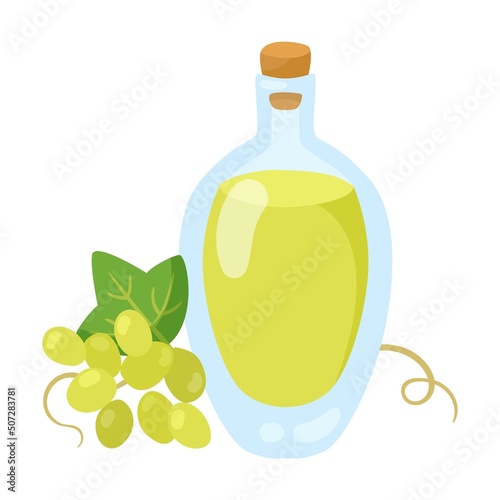 Glass jug with grape seed oil. Bottle of vegetable oils cartoon illustration isolated on white background