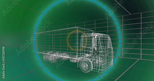 Image of neon circles over truck project on green background