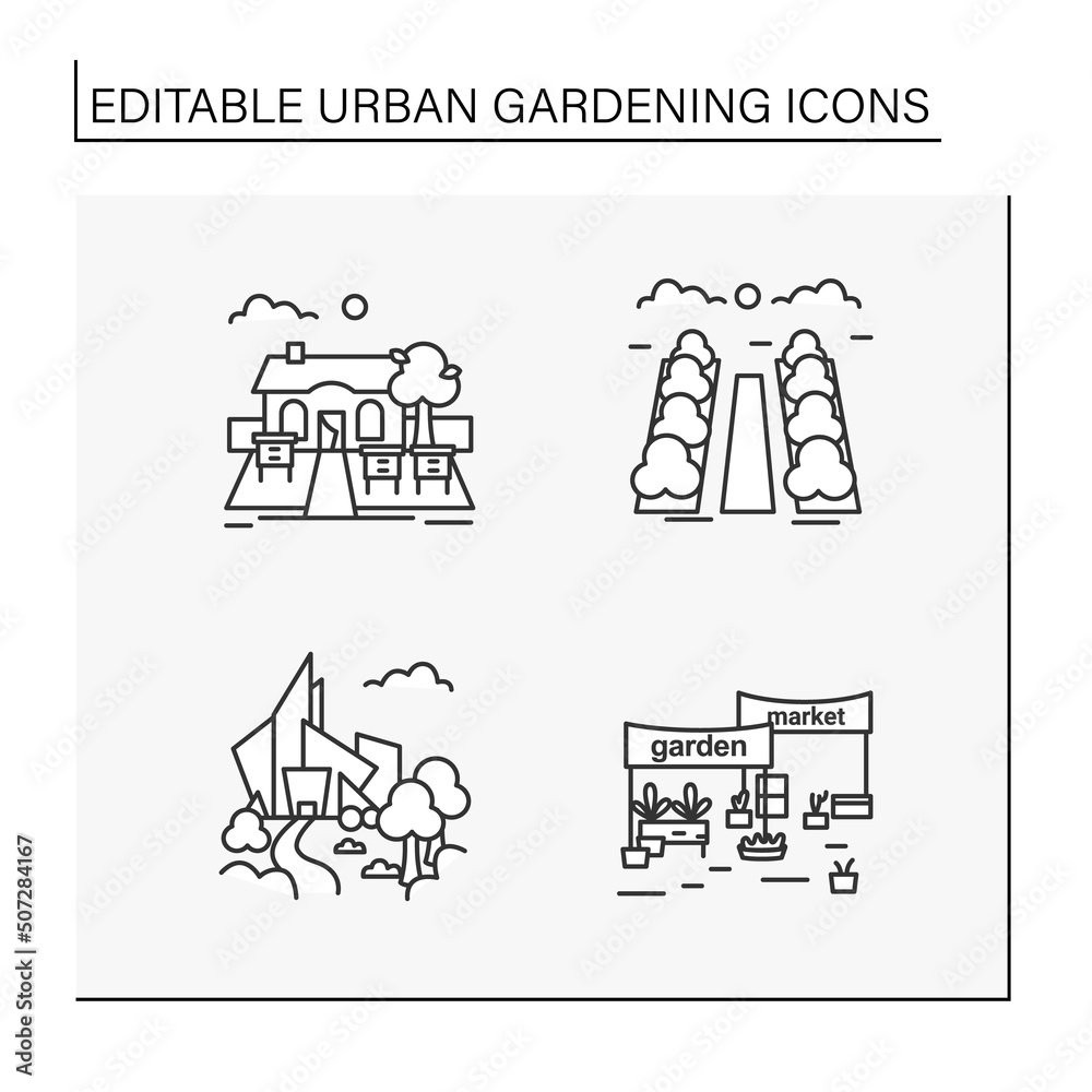Urban gardening line icons set. Modern landscape. Free parkland for relaxation. Beekeeping, farming. Earth day concept. Isolated vector illustrations. Editable stroke Urban gardening line icons set. Modern landscape. Free parkland for relaxation. Beekeeping, farming. Earth day concept. Isolated vector illustrations. Editable stroke