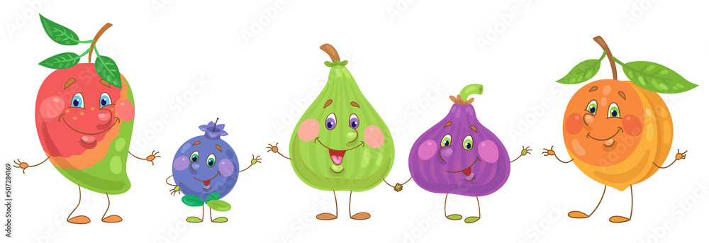 Set of funny fruits in cartoon style. Mango, blueberry, figs and peach. Isolated on white background. Vector flat illustration. Set of funny fruits in cartoon style. Mango, blueberry, figs and peach. Isolated on white background. Vector flat illustration.