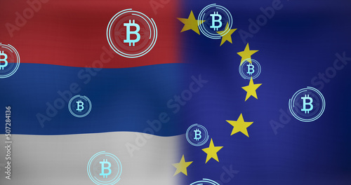 Image of bitcoin symbol over flag of serbia and eu