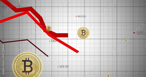 Image of data processing and bitcoin symbol over white background