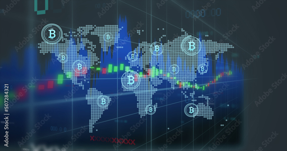 Image of data processing and bitcoin symbol over world map Image of data processing and bitcoin symbol over world map