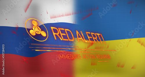 Image of red alert text and symbol over flags of russia and ukraine