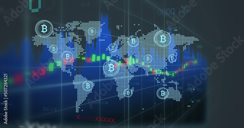 Image of data processing and bitcoin symbol over world map