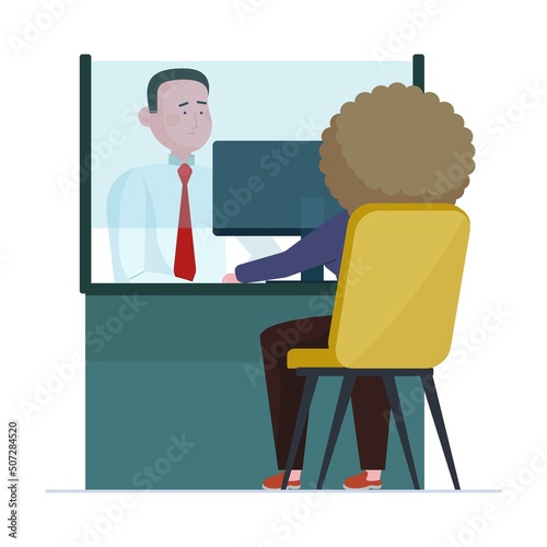 Bank managers talking to clients in lobby. Employees providing service to visitors flat vector illustration. Consulting, loan, finance concept