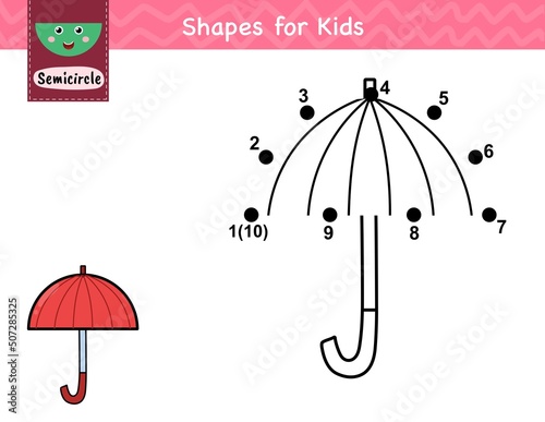 Dot to dot number game for kids. Connect the dots and draw an umbrella. Learning semicircle shape activity page for preschool. Worksheet for children. Vector illustration