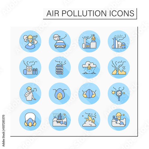  Air pollution color icons set. Emissions from factories, cars, wood fires, refineries and more. Environment pollution and ecology damage concept. Isolated vector illustrations