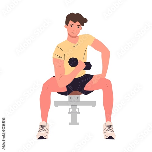 Boy doing weight lifting in gym, vector illustration. Men and women performing fitness exercises in exercise class