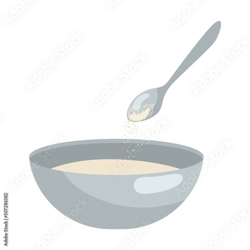 Pours sugar from a spoon. Process of cooking cake or pie cartoon illustration. Adding ingredients in bowl step by step. Preparation concept
