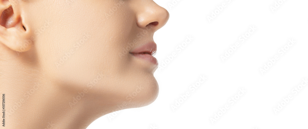 Cropped side view image of female chin, nose and cheeks isolated over white studio background. Lifting Cropped side view image of female chin, nose and cheeks isolated over white studio background. Lifting