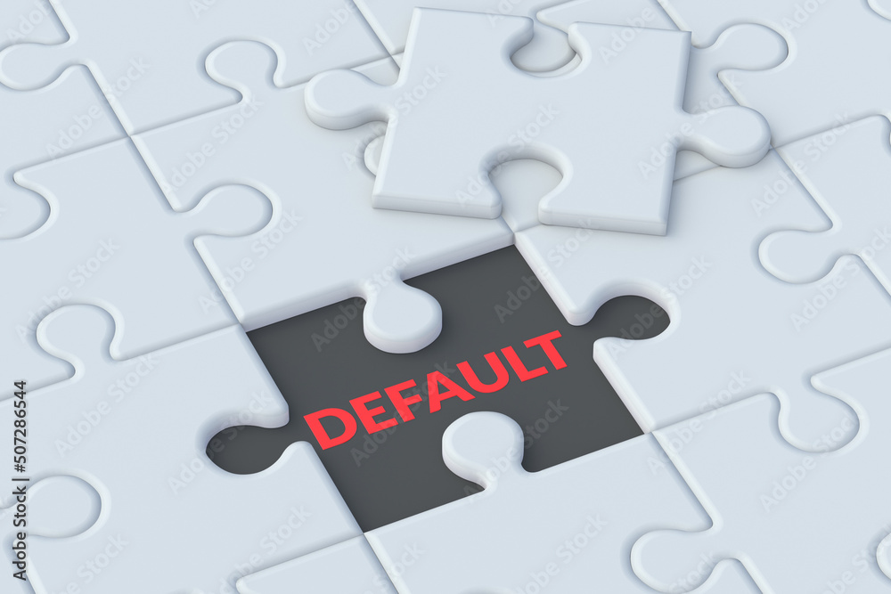 Word default on puzzle pieces jigsaw. Financial crisis. Default on debt obligations. Bankruptcy of the banking sector. Economic problem. Inflation, devaluation. 3d render Word default on puzzle pieces jigsaw. Financial crisis. Default on debt obligations. Bankruptcy of the banking sector. Economic problem. Inflation, devaluation. 3d render