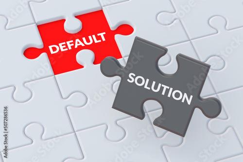 Word default and solution on puzzle pieces jigsaw. Financial crisis. Default on debt obligations. Bankruptcy of the banking sector. Economic problem. Inflation, devaluation. 3d render