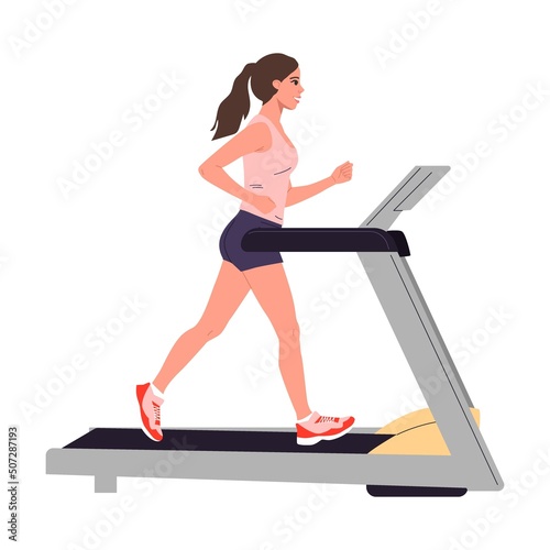 Girl doing cardio exercises in gym vector illustration. Men and women performing fitness exercises in exercise class