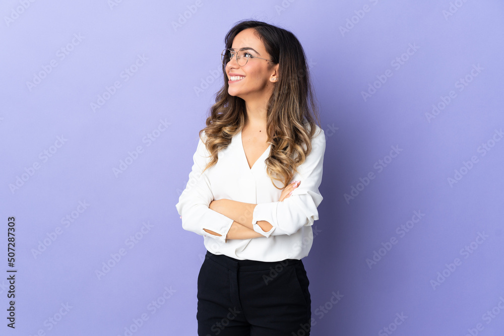 Young caucasian woman isolated on purple background happy and smiling Young caucasian woman isolated on purple background happy and smiling