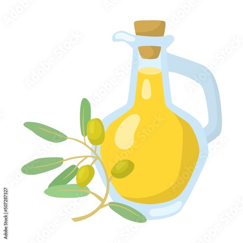 Glass jar with olive oil for salad. Bottle of vegetable oils cartoon illustration isolated on white background
