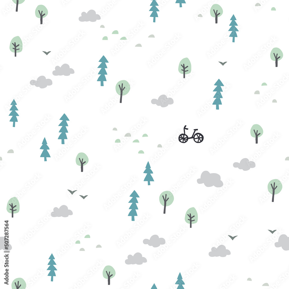 Bike in the forest. Seamless stylish minimalistic pattern
