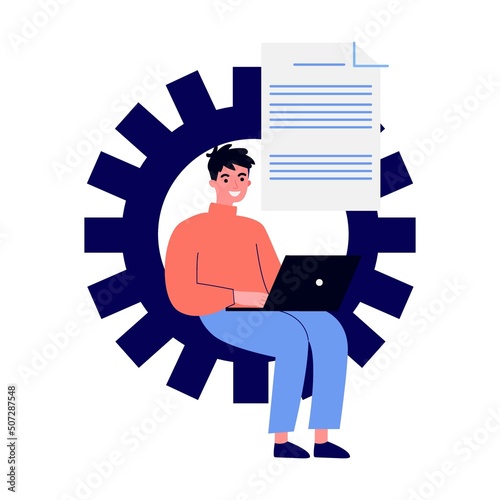 Teamwork strategy for office flat vector illustration. Tiny people with computers seating at big cogwheel. Organization, business mechanism