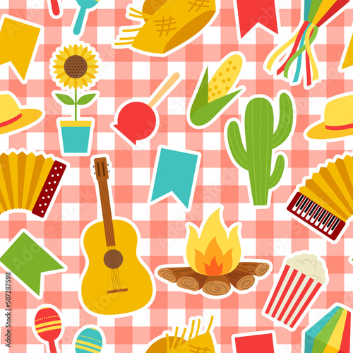 June party of Brazil. Vector Illustration Festa Junina. Symbols of party flags and paper lanterns, accordion, bonfire, guitar, corn, hat, maracas, seamless pattern.