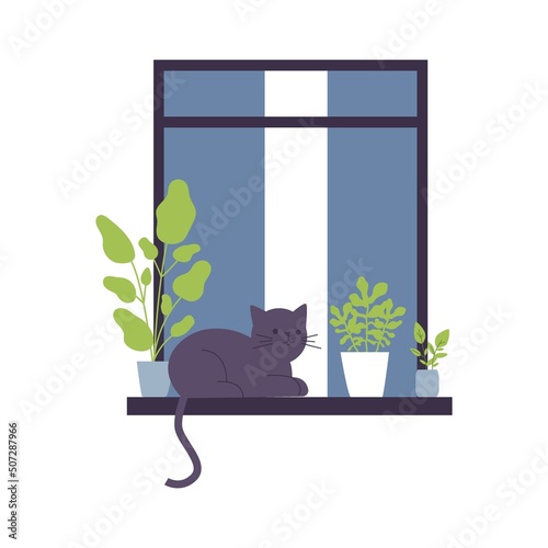 Cat life through open window. Housemates hugging, watering houseplants, drinking morning coffee