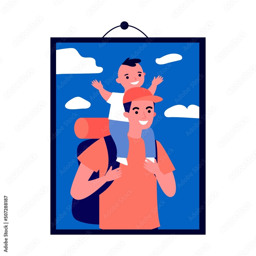 Dad and son on hike in frame on wall. Just married couple, parents, children, senior people framed photos. Vector illustration for photography Dad and son on hike in frame on wall. Just married couple, parents, children, senior people framed photos. Vector illustration for photography