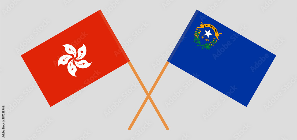 Crossed flags of Hong Kong and The State of Nevada. Official colors. Correct proportion Crossed flags of Hong Kong and The State of Nevada. Official colors. Correct proportion