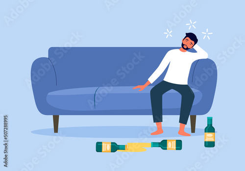 Drunk man sleeping on sofa with beer bottle on the floor in flat design. Alcoholic character. Alcohol addiction.
