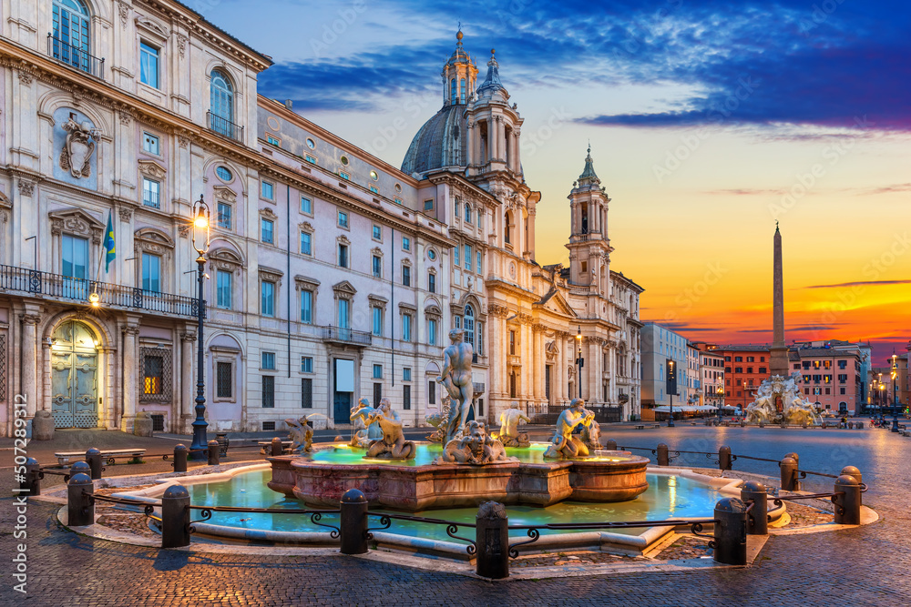 Famous Piazza Navona at sunset with buildings and Fountains, Rome, Italy