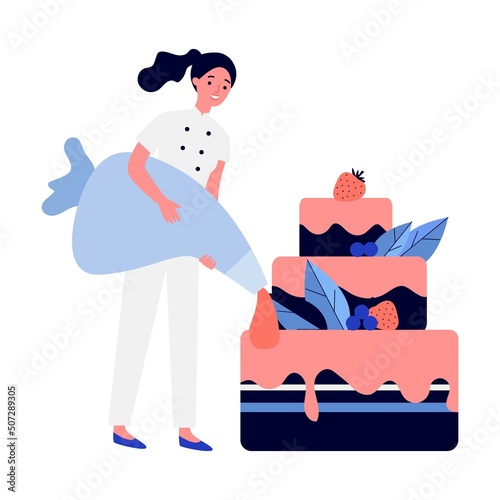Chefs cooking big birthday cake. Bakers decorating dessert with pink glaze and berries. Vector illustration for menu, bakery concept