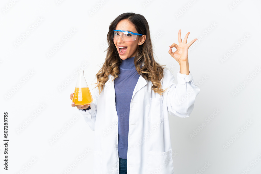 Young scientific woman isolated on white background showing ok sign with fingers Young scientific woman isolated on white background showing ok sign with fingers