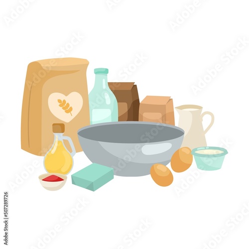 Process of cooking cartoon illustration. Adding ingredients in bowl step by step. Preparation concept