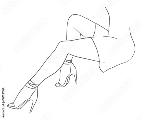 High heels legs. Woman sitting sideways in a high heel shoes. Vector line art illustration